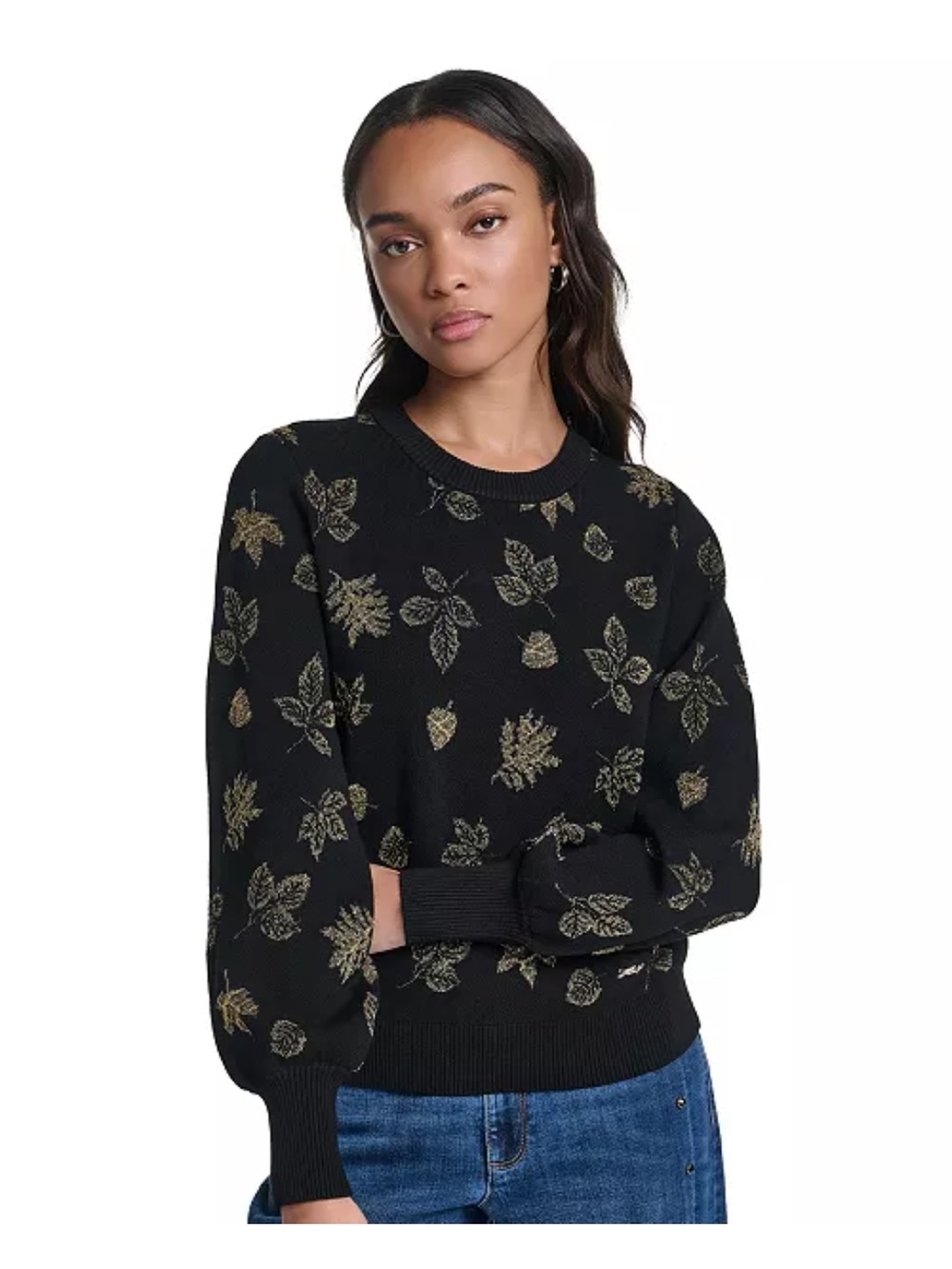 Black Crewneck Sweater with Metallic Gold Leaf Motif
